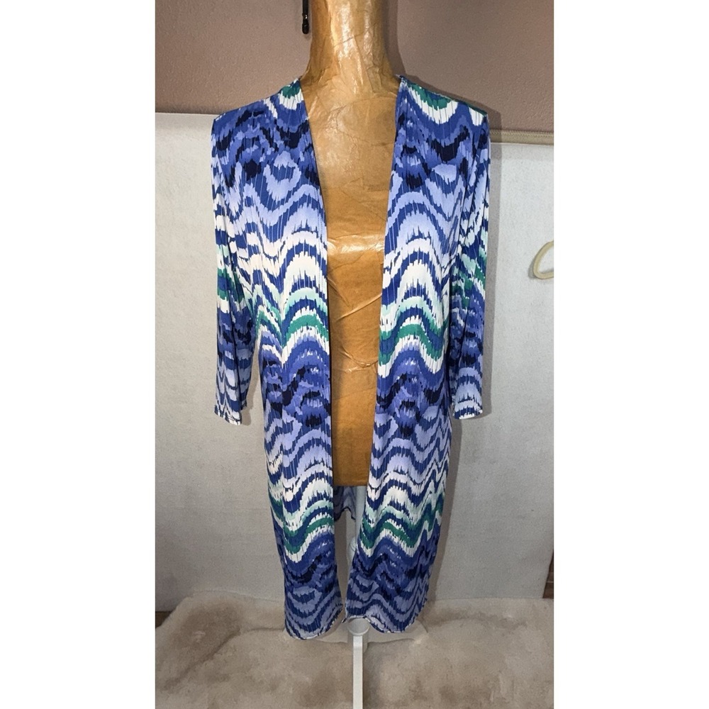Chicos Travelers Women Slinky Green Blue Abstract Kimono Cardigan Sz 1